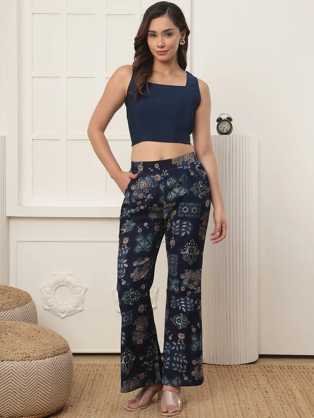 Claura Indigo block-print jacket, top and palazzo set
