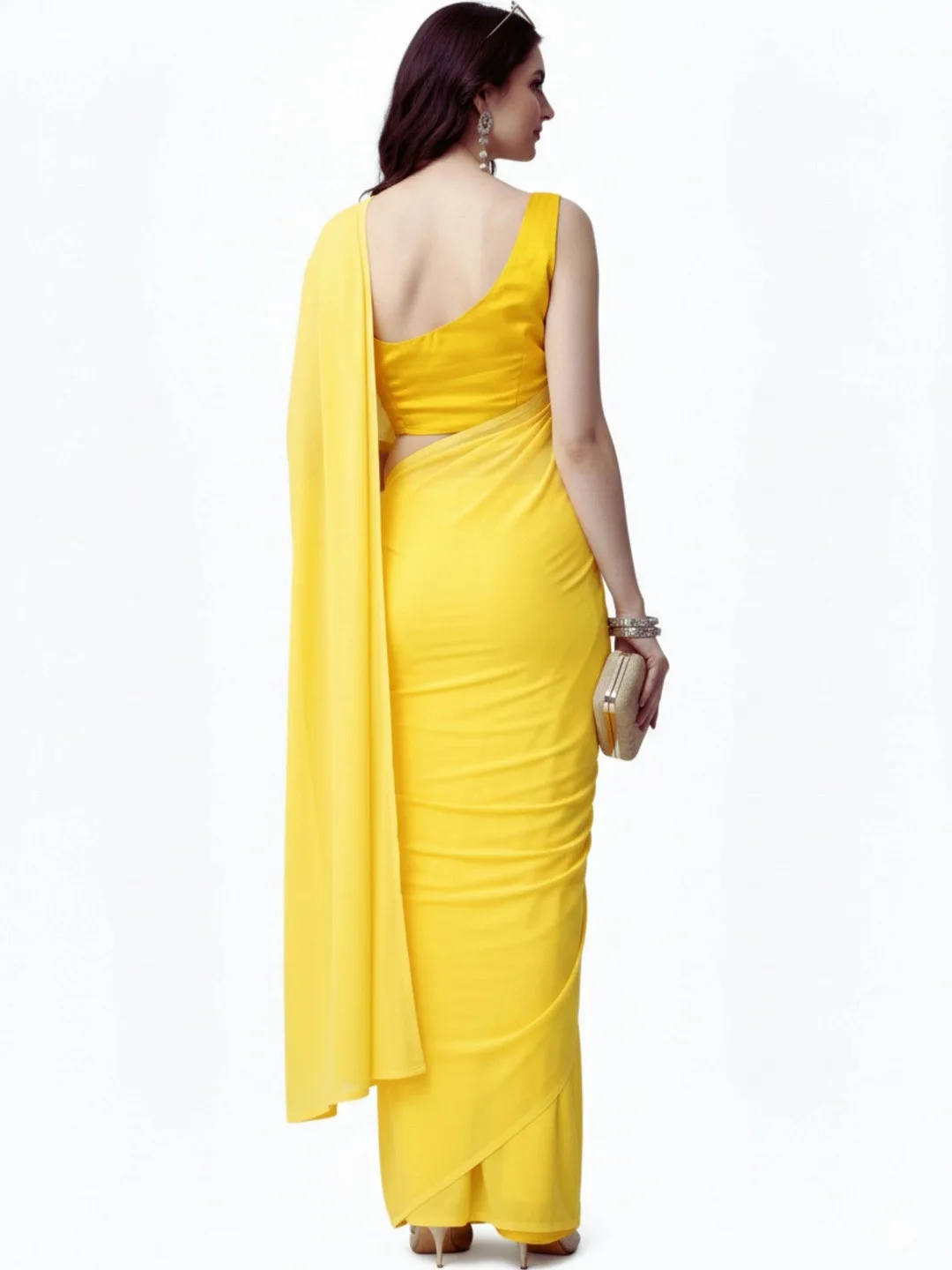 HESVI Plain yellow georgette saree