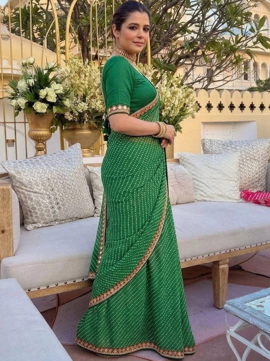 Sangria Emerald bandhani georgette saree with a mirror-work border