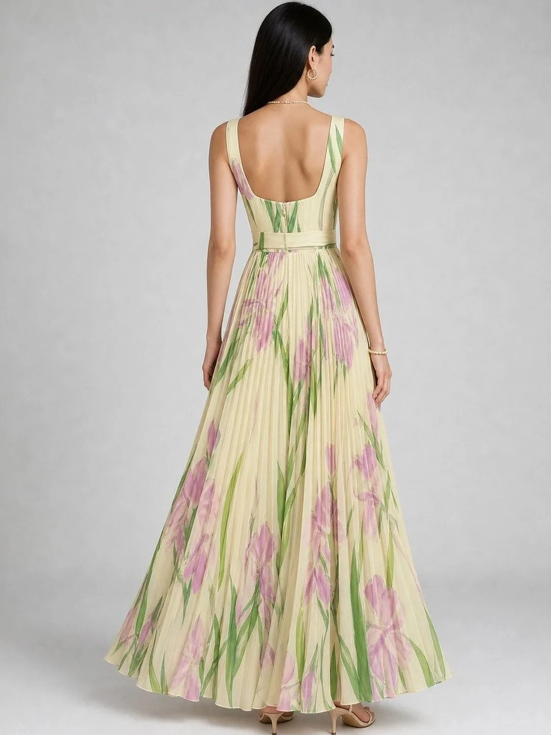bebe Butter-yellow floral print pleated maxi dress