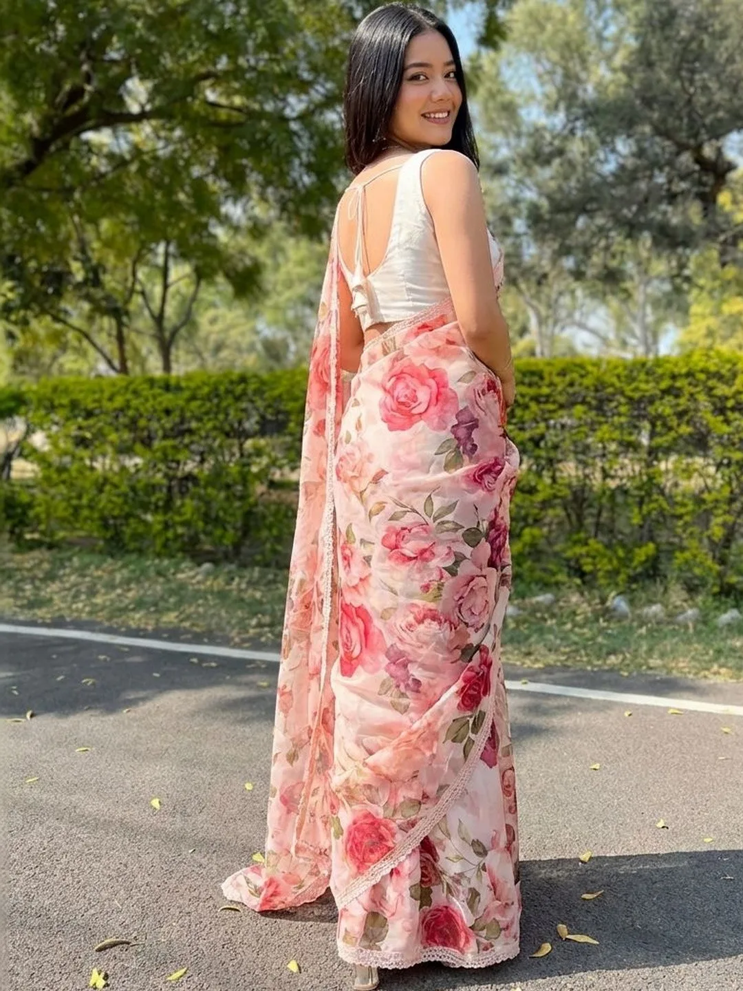 Sangria Pale pink rose-print organza saree