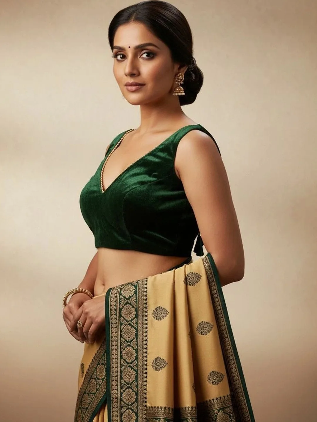EZSTALL Green velvet sleeveless V-neck saree blouse