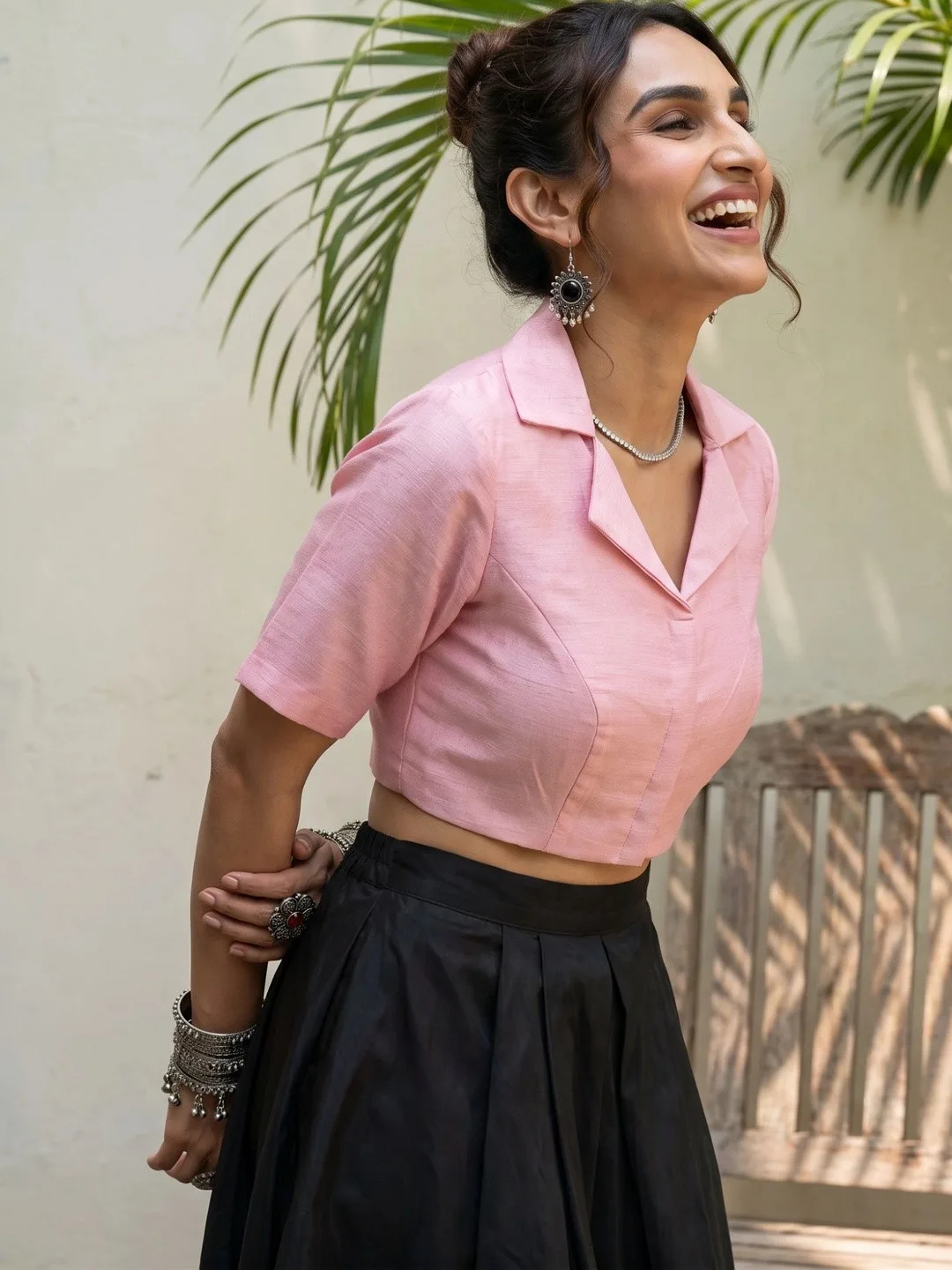 Aanyor Pale pink collared short-sleeve saree blouse