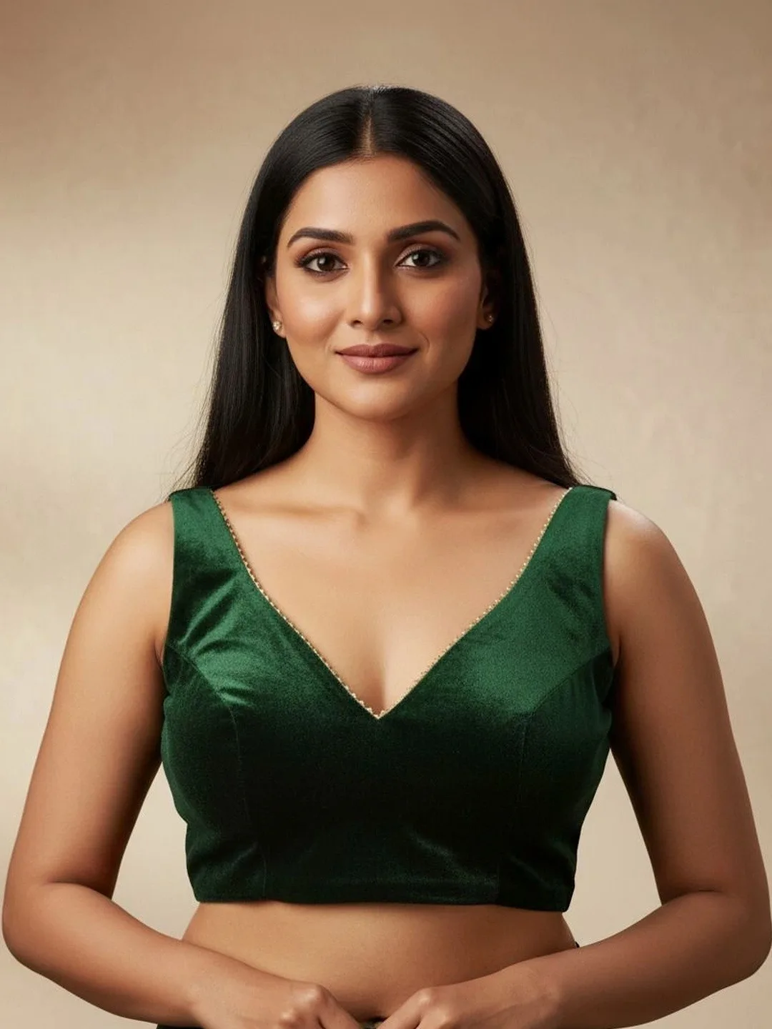 Green velvet sleeveless V-neck saree blouse