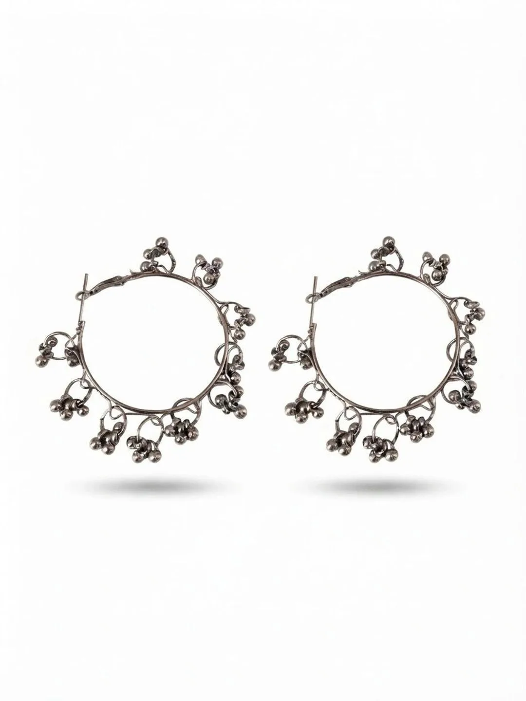 Oxidised silver hoop earrings with ghungroo drops