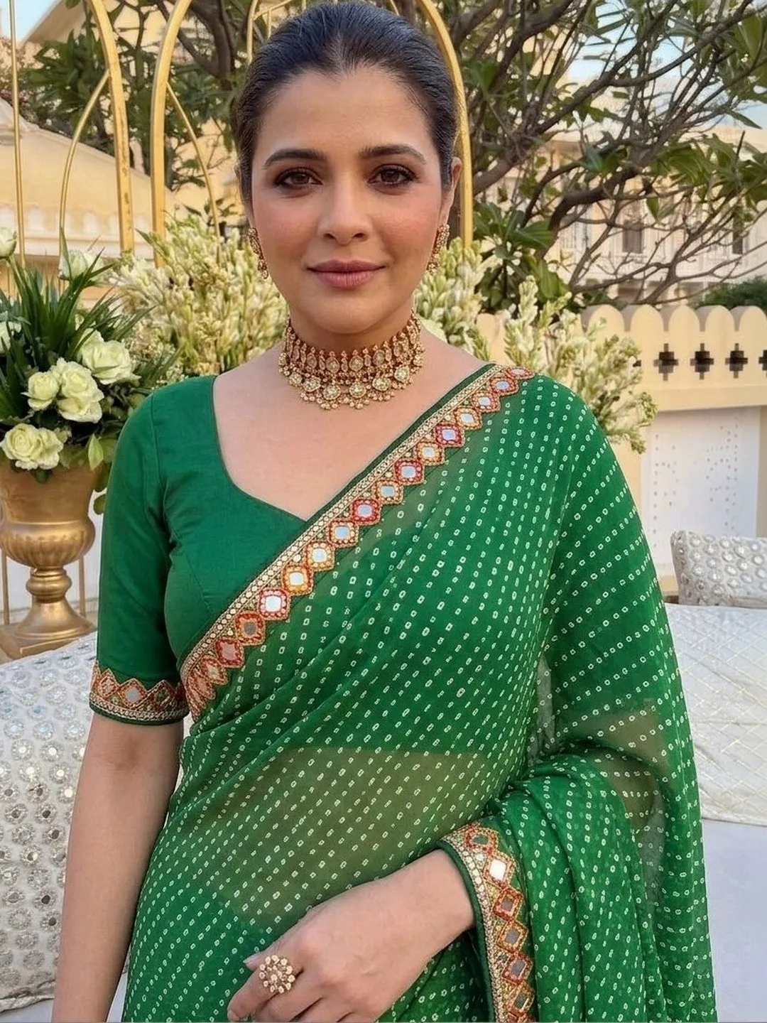 Sangria Emerald bandhani georgette saree with a mirror-work border