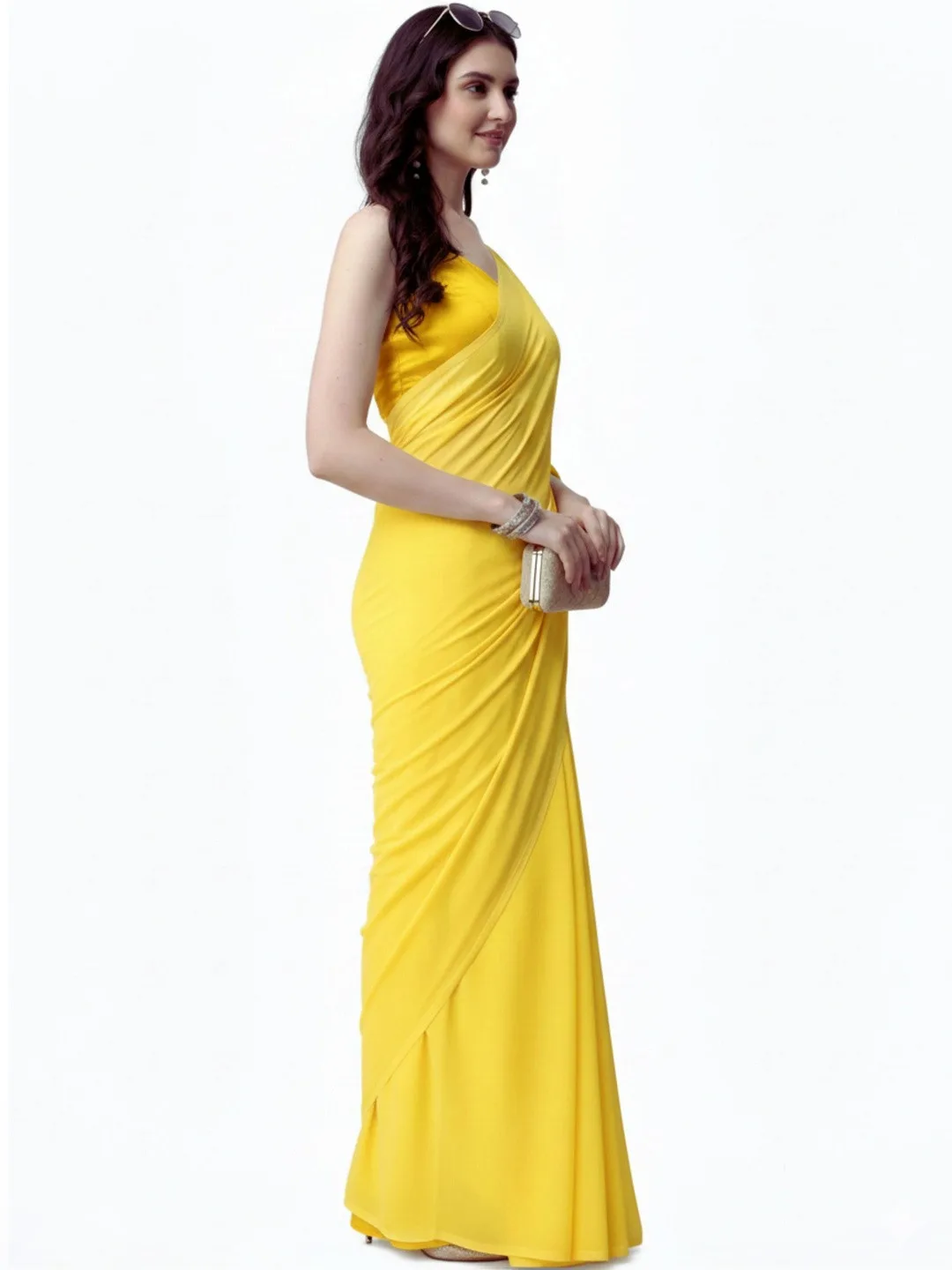 HESVI Plain yellow georgette saree