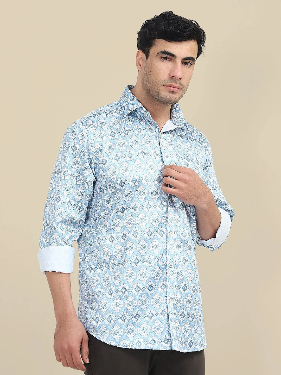AMSWAN Sky-blue printed poplin shirt