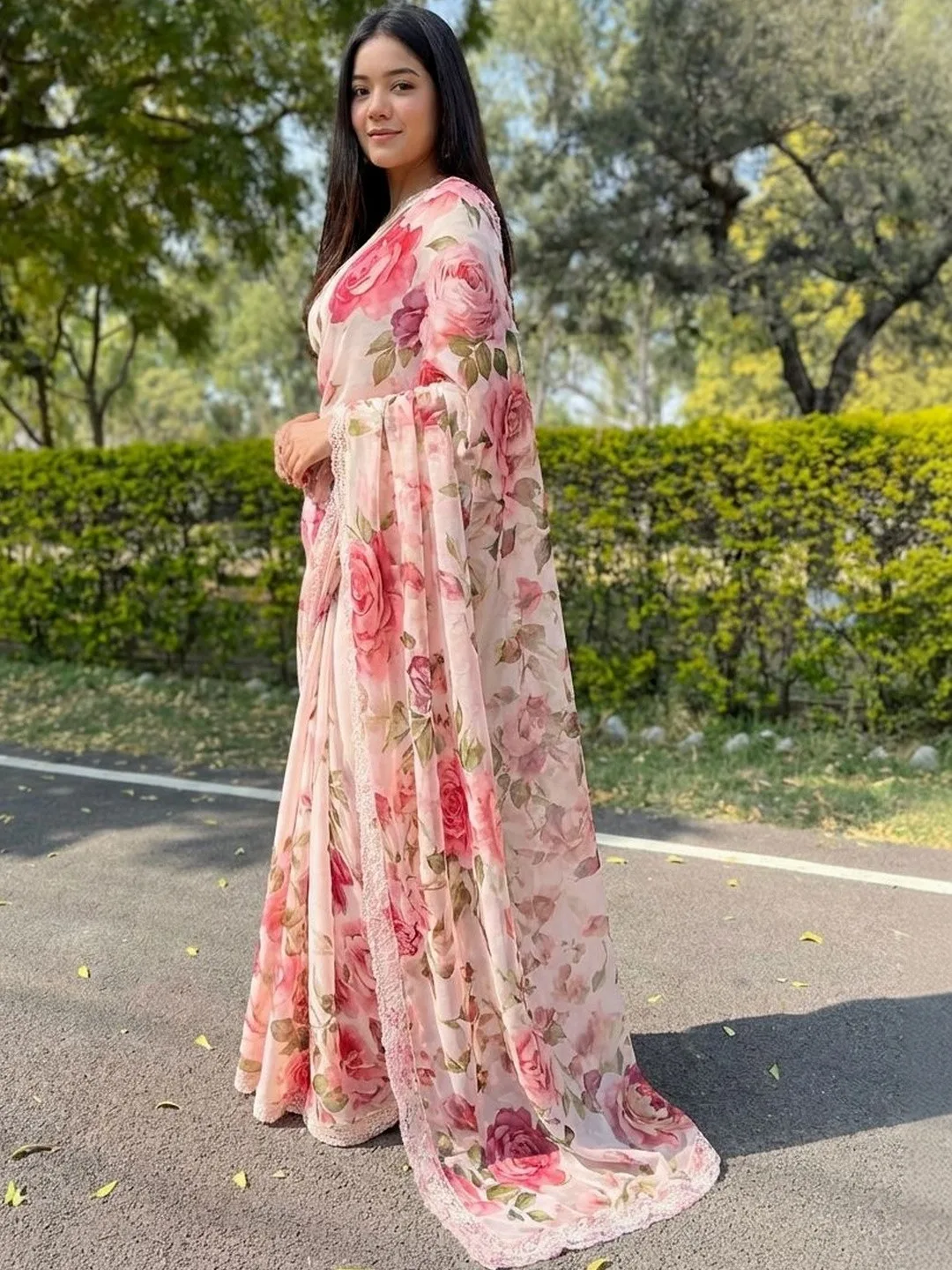 Sangria Pale pink rose-print organza saree
