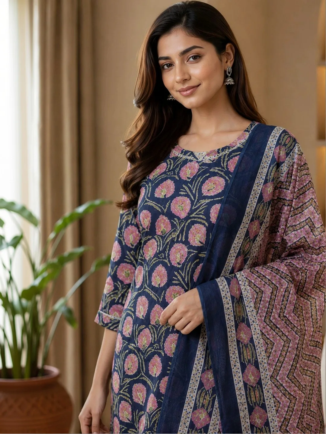 Bunai Our pick under ₹2,000 — navy floral kurta with trousers and rose dupatta