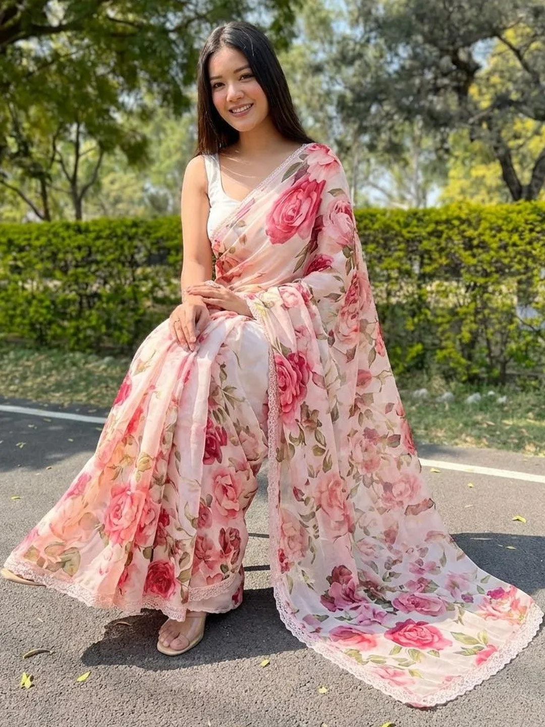 Sangria Pale pink rose-print organza saree