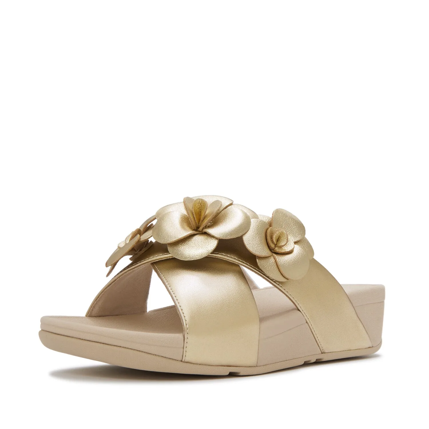 FitFlop Lulu Flower cross slides, Platino — the shoe she is actually wearing