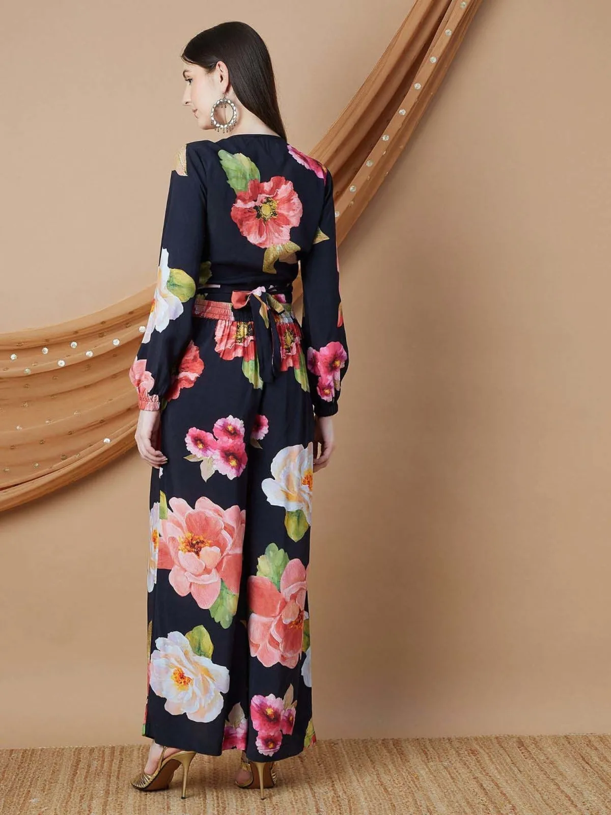 MELANGE by Lifestyle Black floral print co-ord set — wrap crop top and palazzo