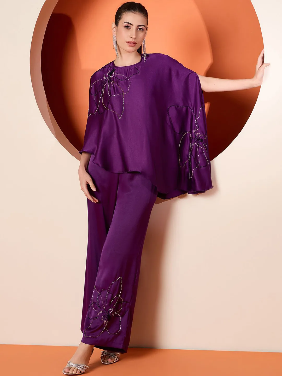 Antheaa Purple embellished satin co-ord — top and trousers