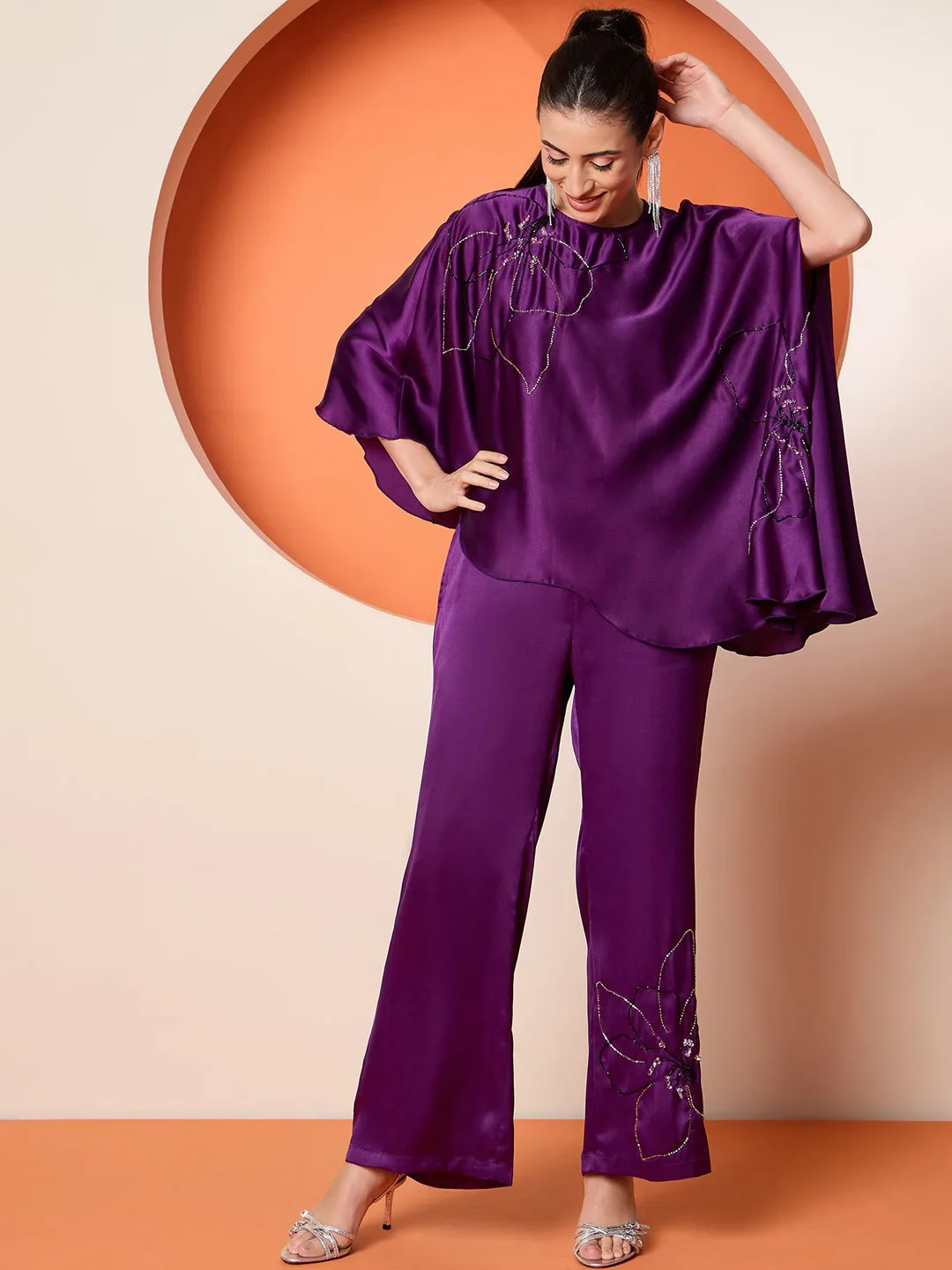 Antheaa Purple embellished satin co-ord — top and trousers