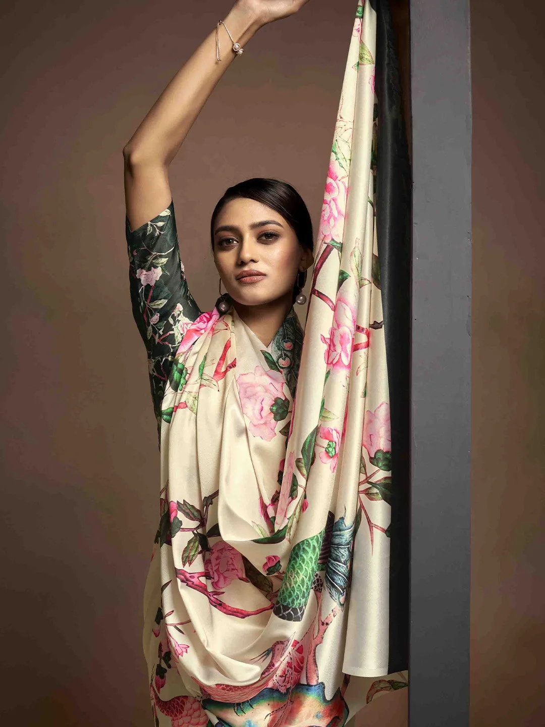 Mitera Cream floral satin saree with blouse piece