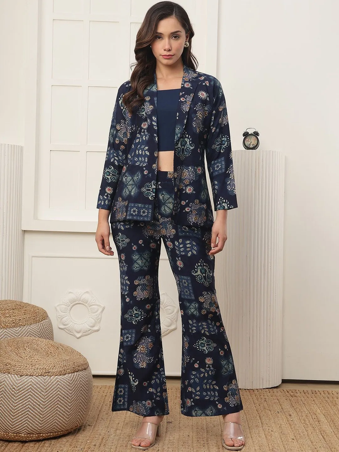 Claura Indigo block-print jacket, top and palazzo set