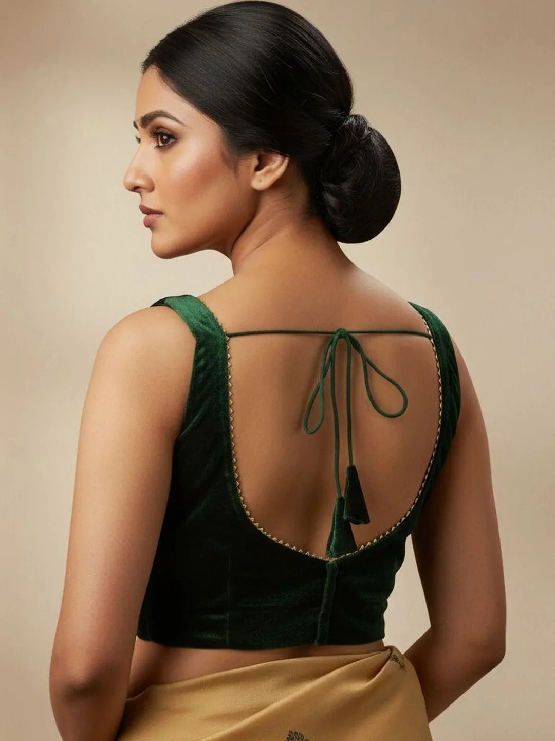 EZSTALL Green velvet sleeveless V-neck saree blouse