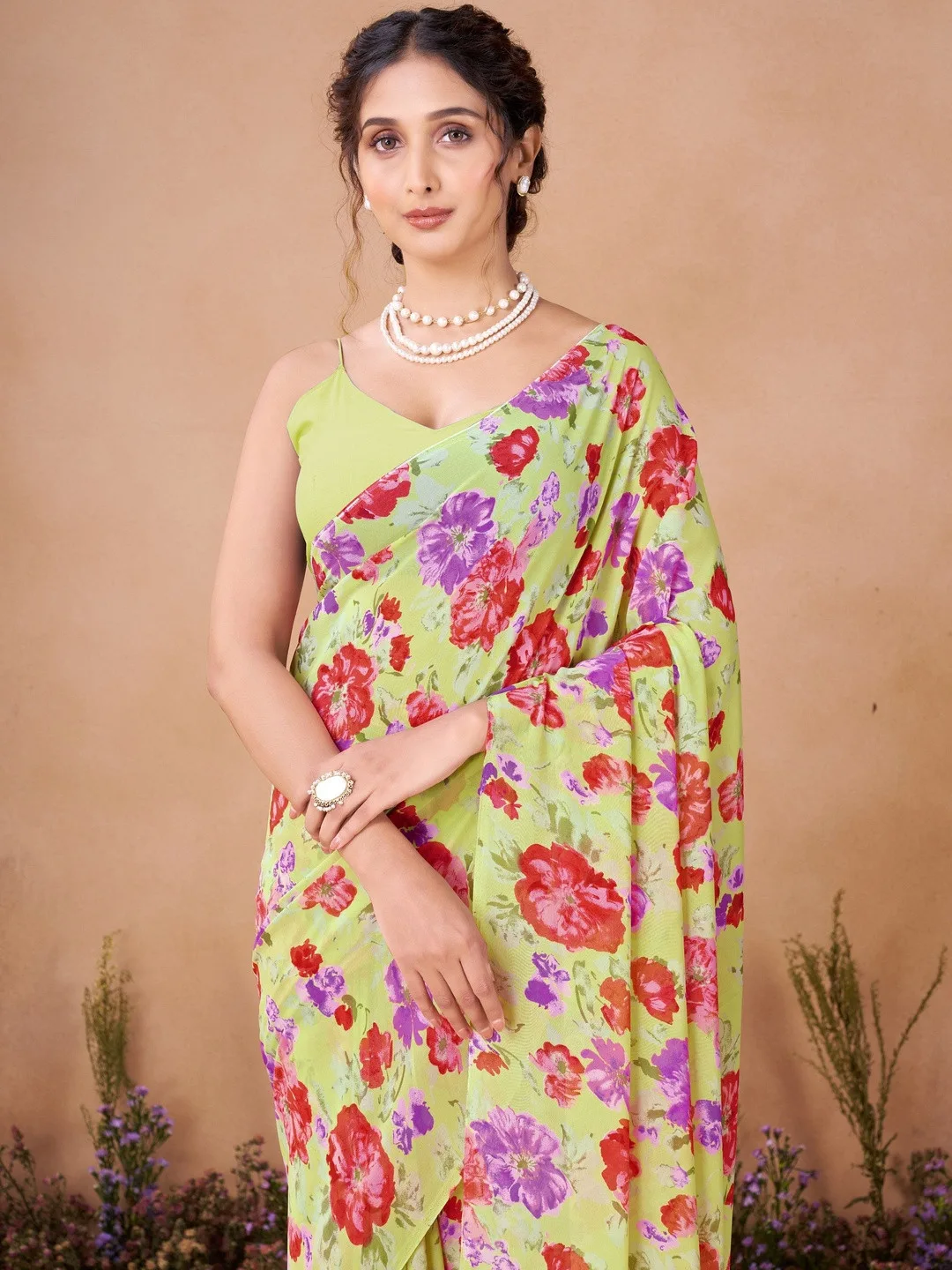 Garden Vareli Lime green floral printed georgette saree