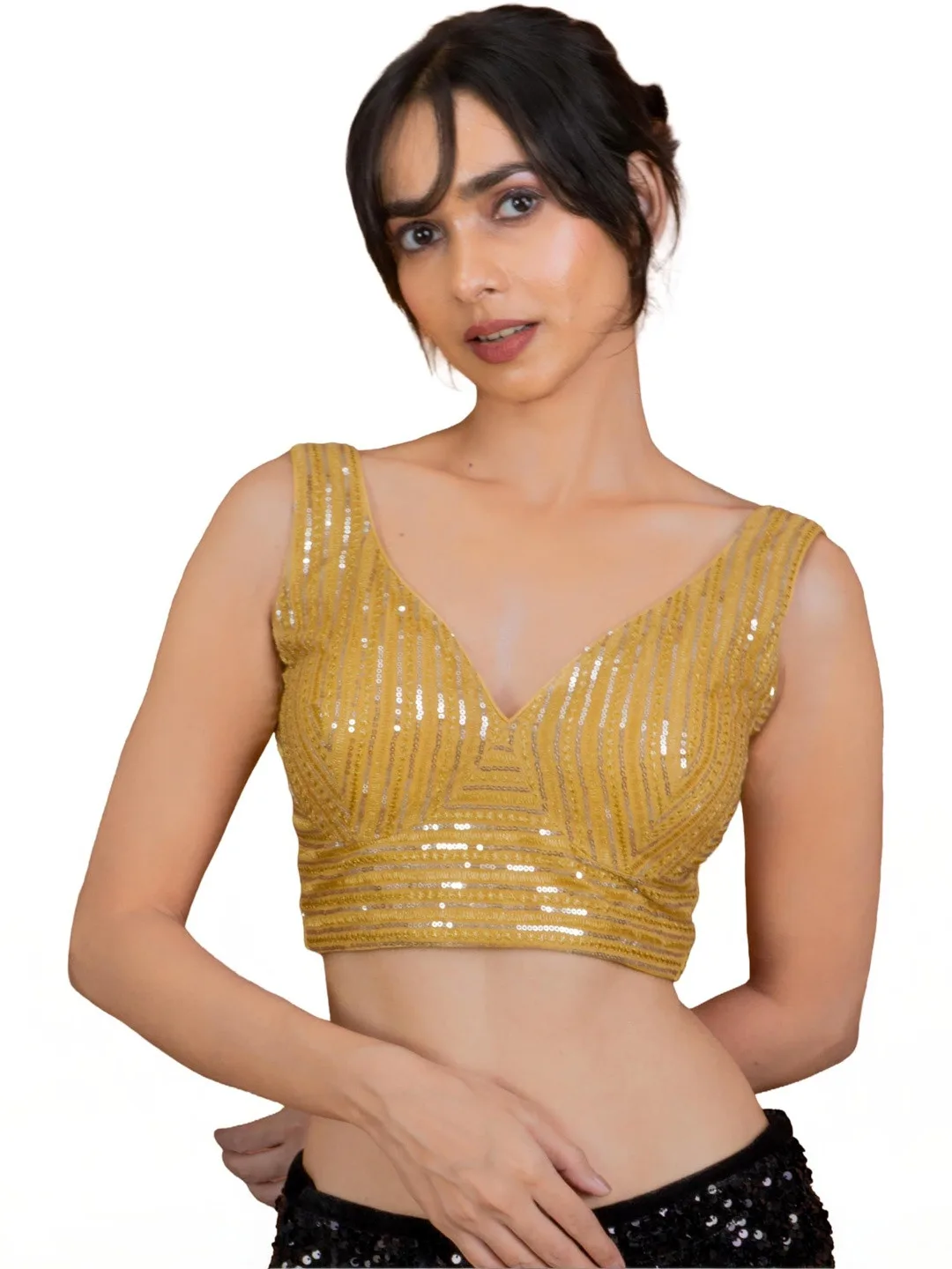 FIGURES DESIGNER Gold sequin V-neck sleeveless blouse