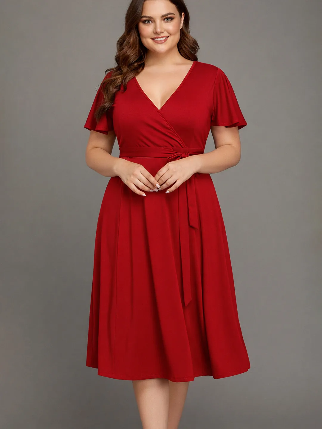 Red wrap midi with flutter sleeves