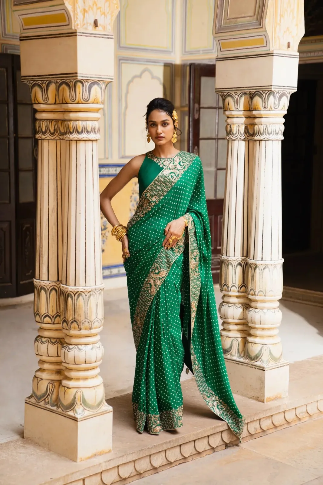 Peacock and lotus bandhni saree