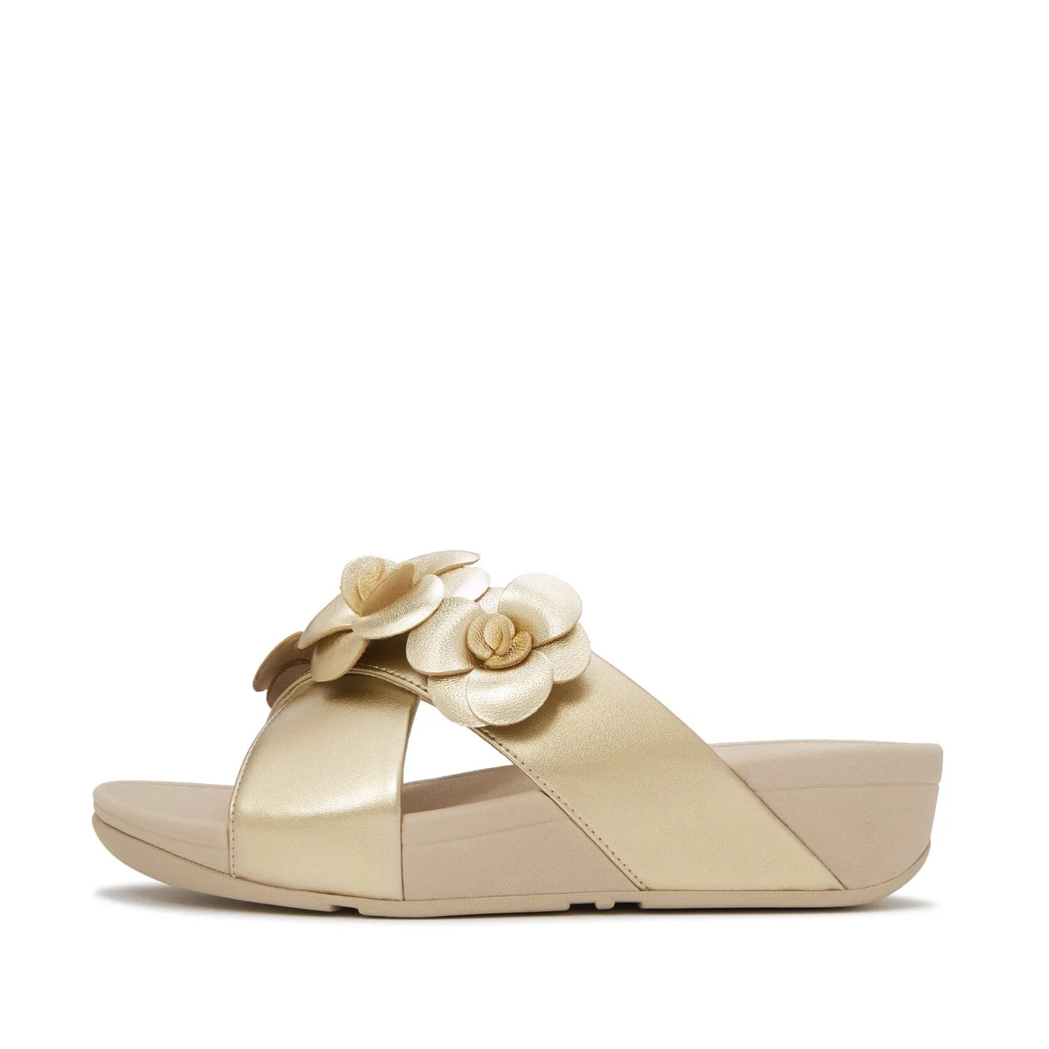 FitFlop Lulu Flower cross slides, Platino — the shoe she is actually wearing