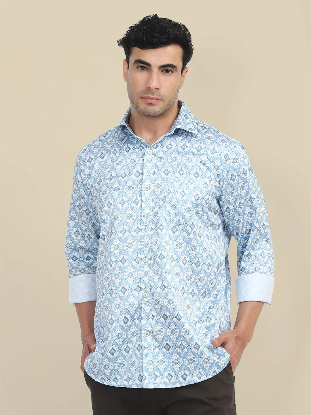 AMSWAN Sky-blue printed poplin shirt