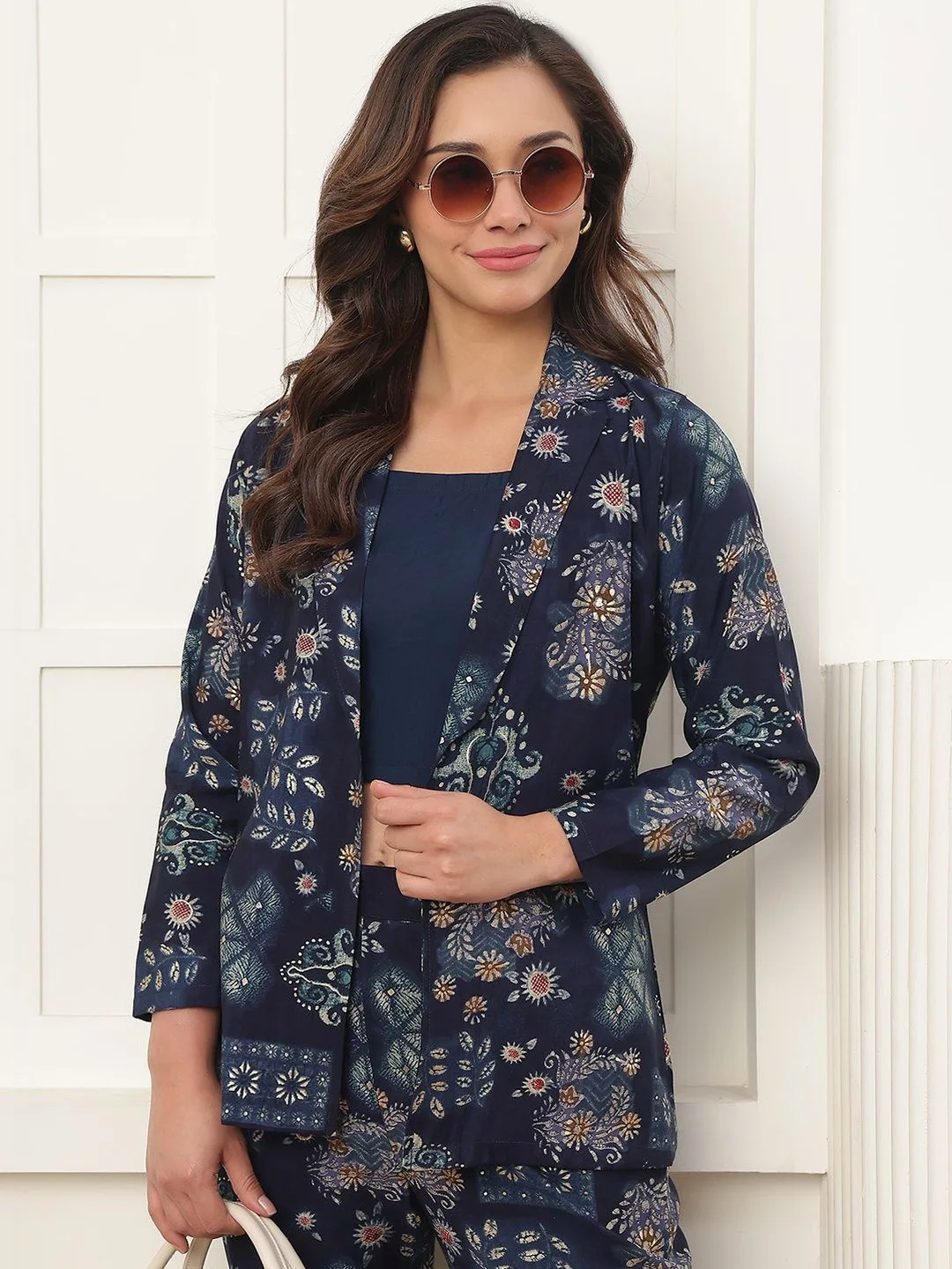 Claura Indigo block-print jacket, top and palazzo set