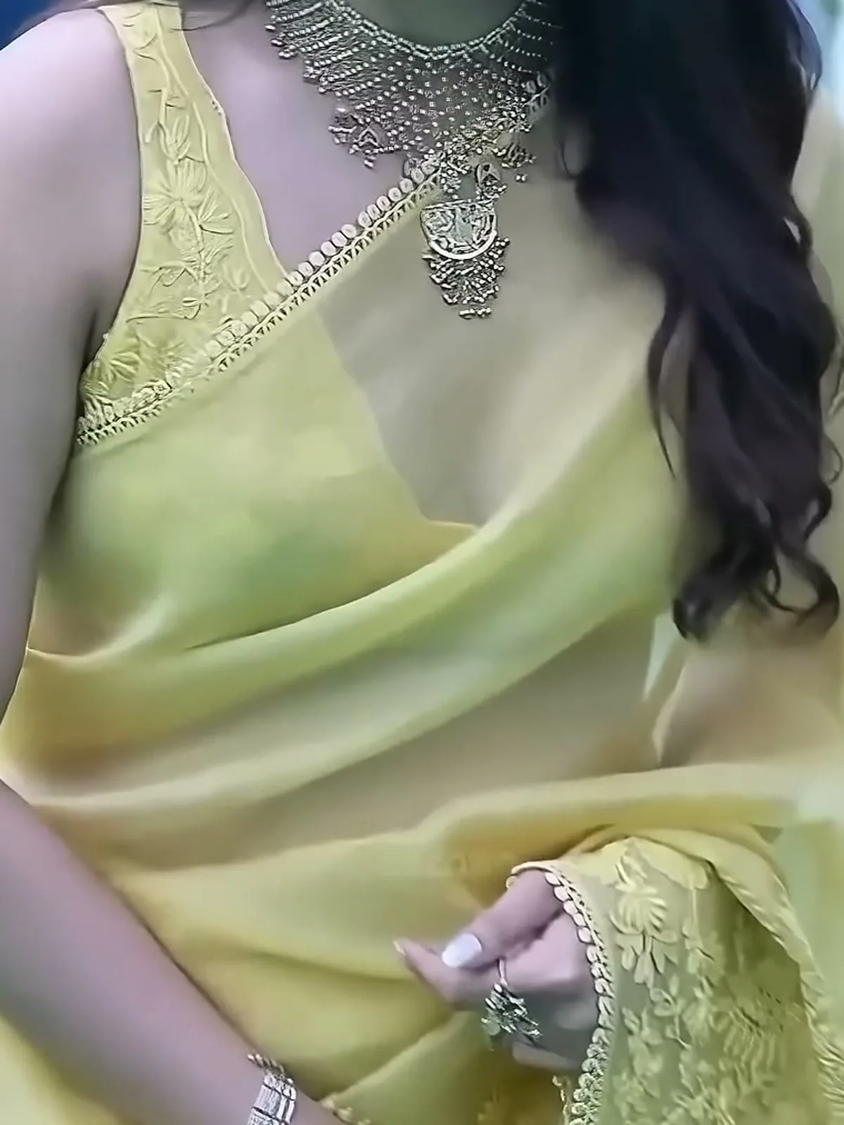 Devnaagri Yellow silk organza V-neck embroidered saree and blouse set