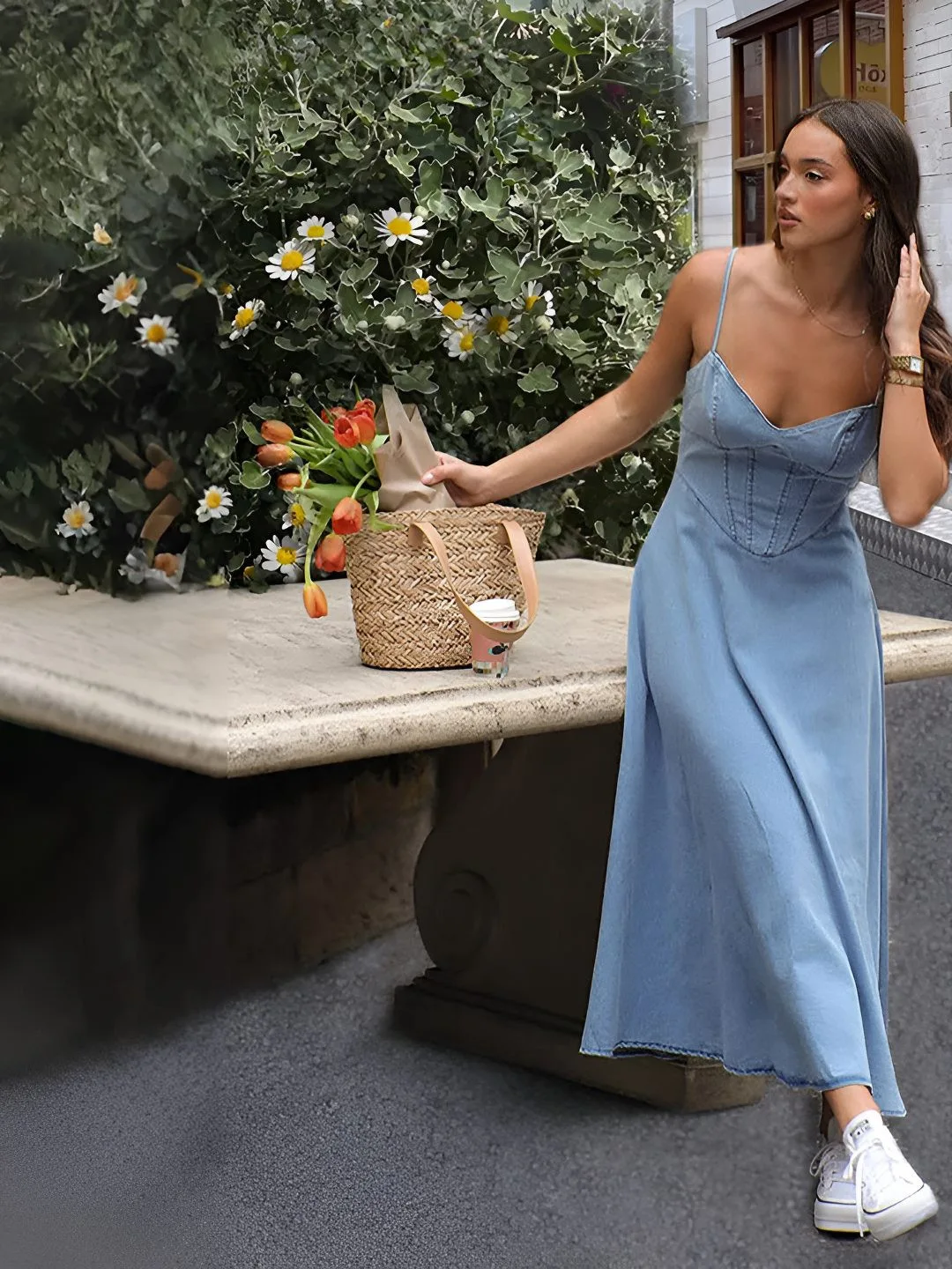 JC Mode Steel-blue corset midi dress with shoulder straps