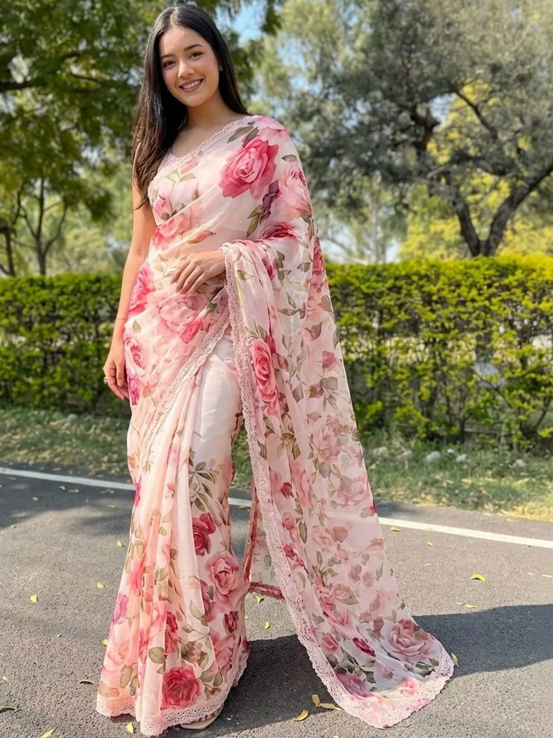 Sangria Pale pink rose-print organza saree