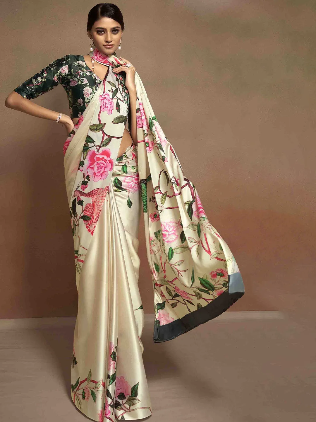 Mitera Cream floral satin saree with blouse piece