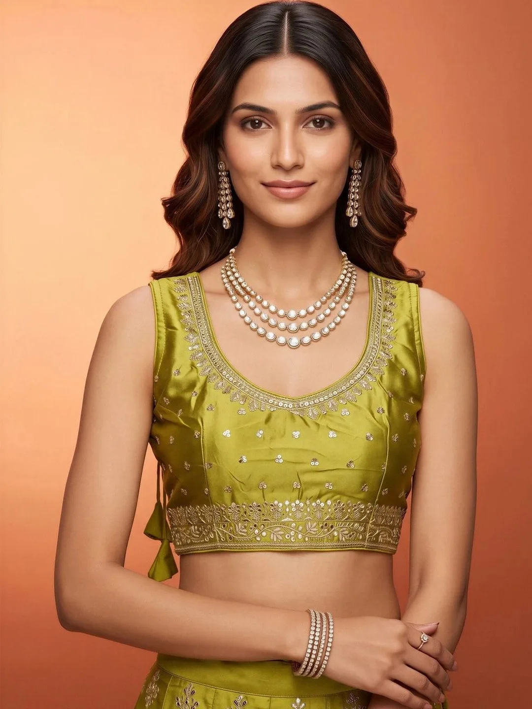 Anouk Lime green sleeveless embroidered sequinned blouse