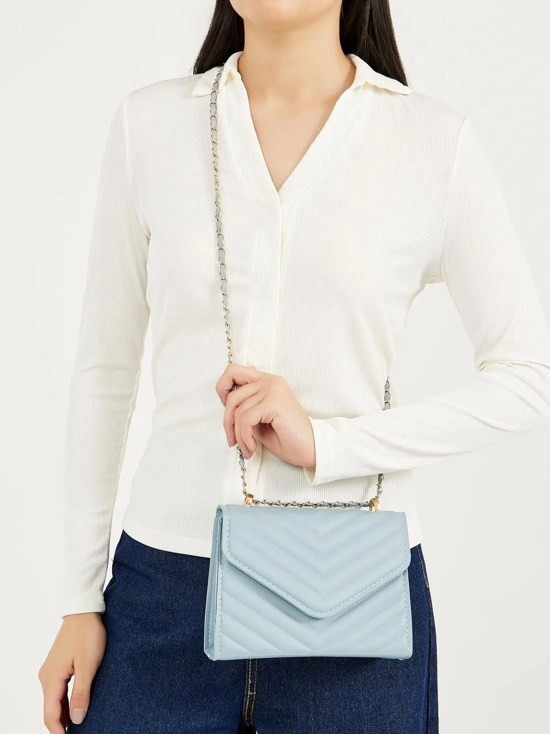 Pale blue chevron-quilted chain bag