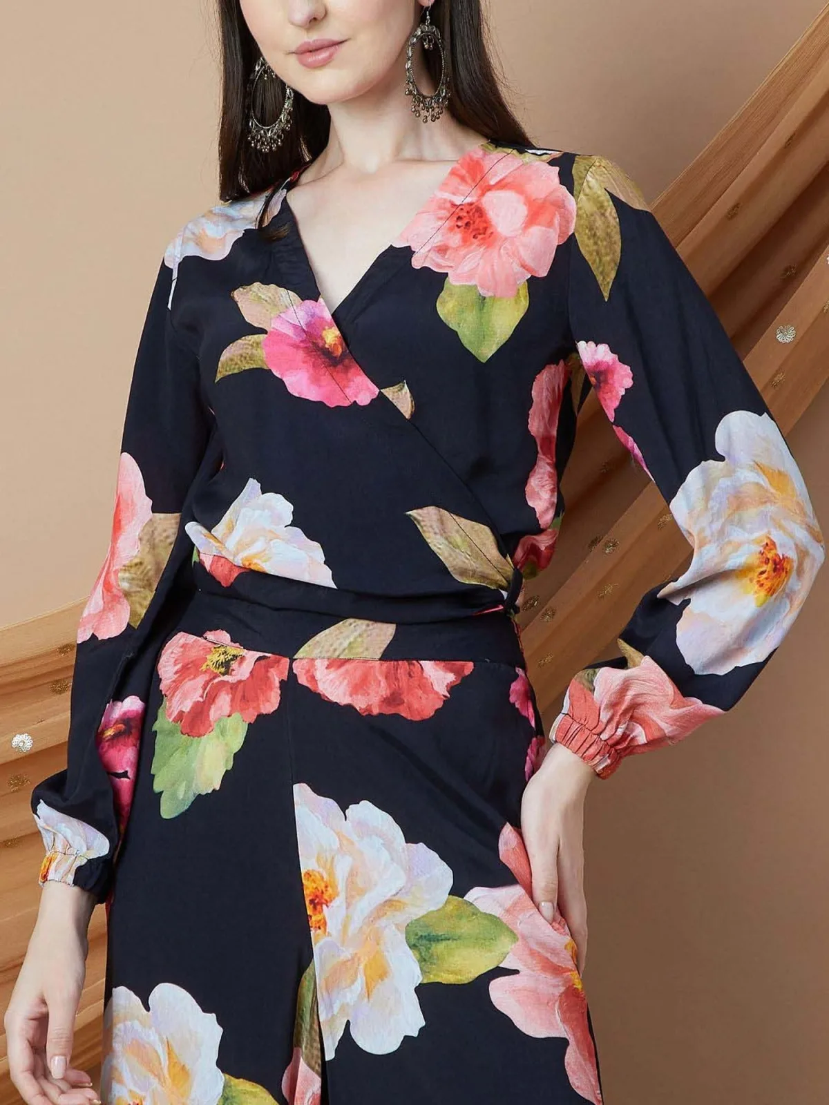 MELANGE by Lifestyle Black floral print co-ord set — wrap crop top and palazzo