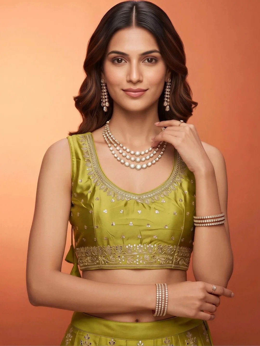 Lime green sleeveless embroidered sequinned blouse