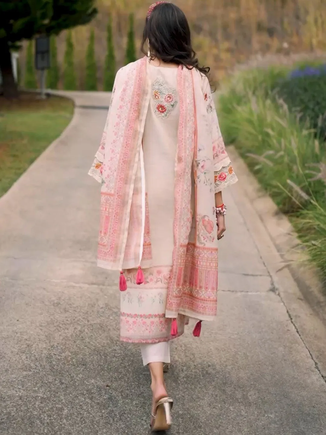 Indo Era Floral printed linen kurta with trousers and dupatta