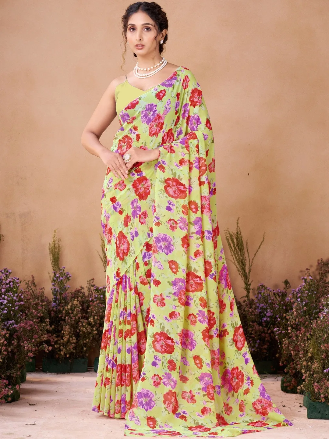Lime green floral printed georgette saree