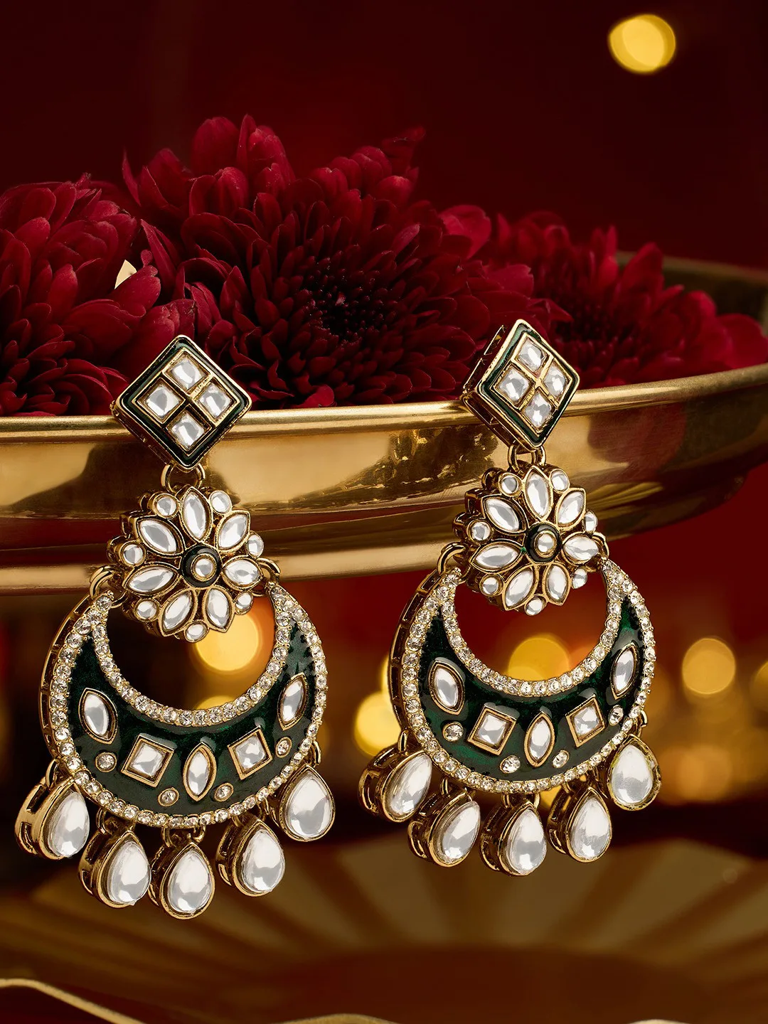 Zaveri Pearls Green meenakari chandbalis