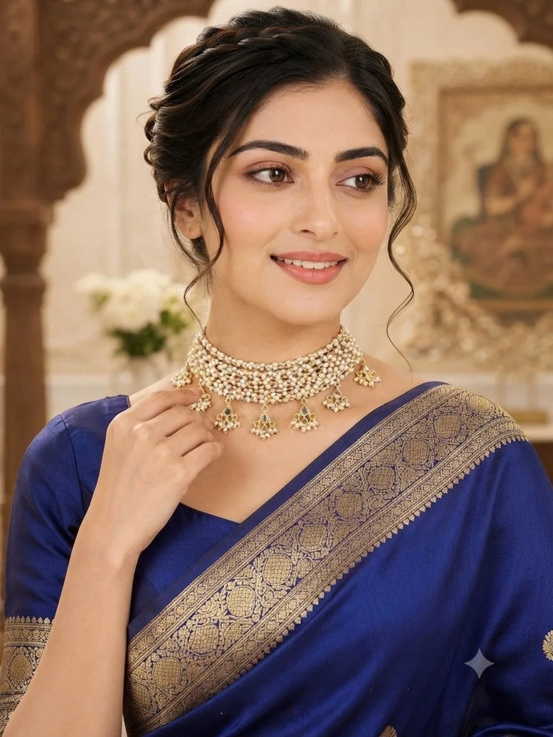 SRJ Our pick under ₹400 — gold-plated jaali collar with a fringed edge