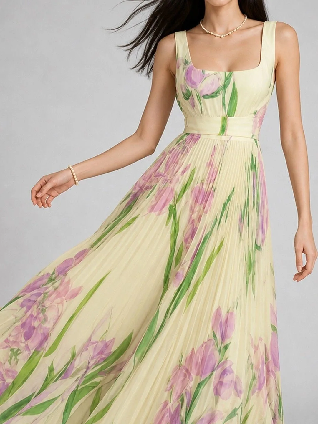 bebe Butter-yellow floral print pleated maxi dress