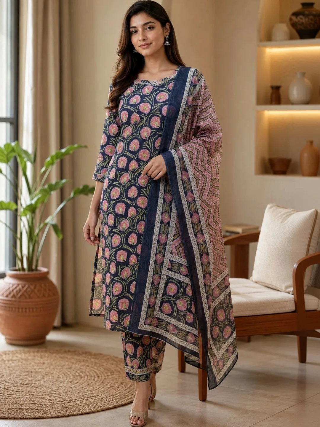 Our pick under ₹2,000 — navy floral kurta with trousers and rose dupatta