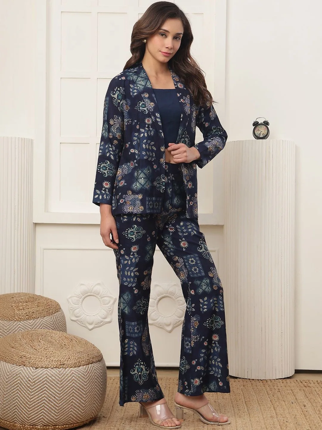 Claura Indigo block-print jacket, top and palazzo set
