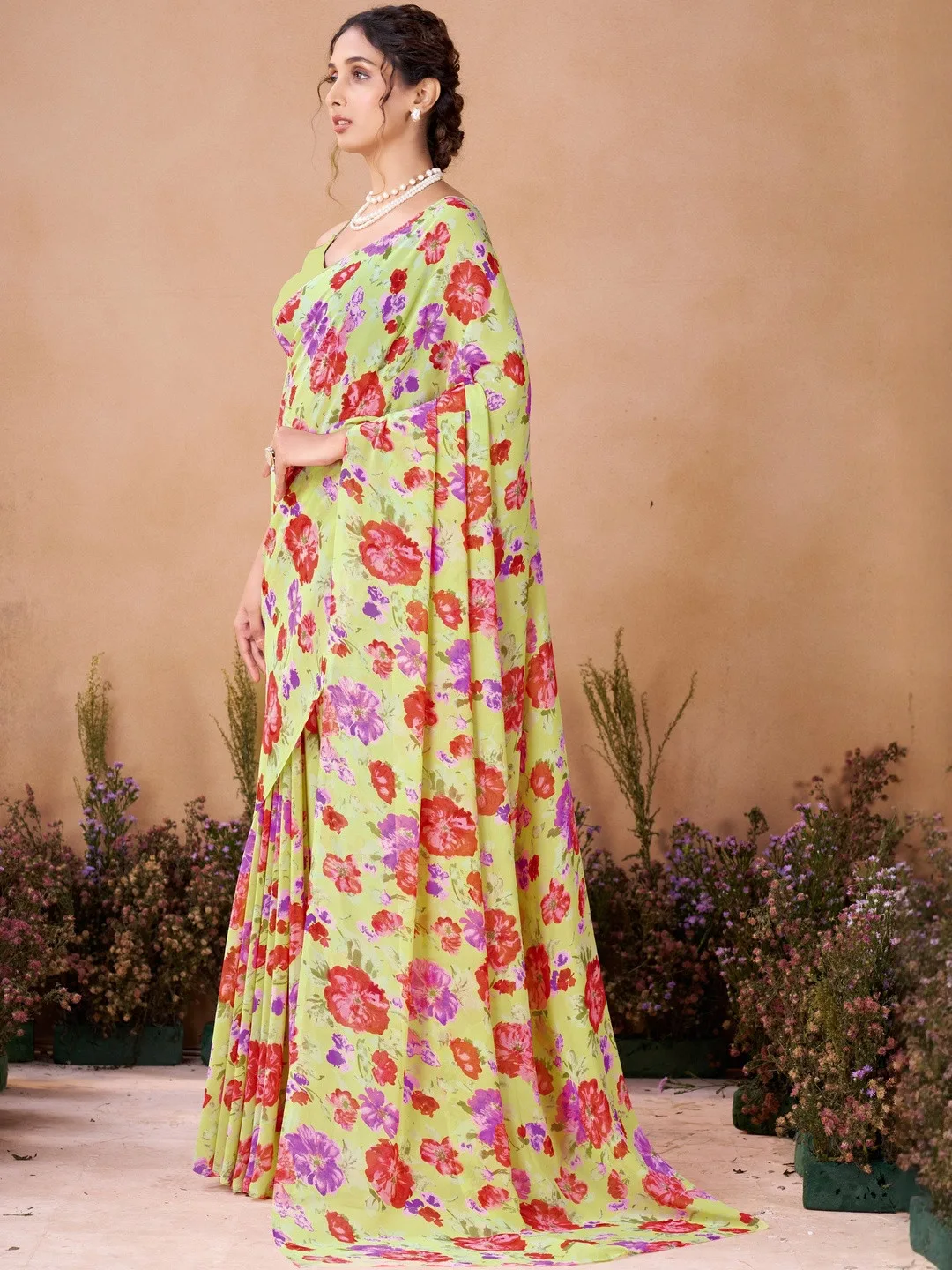 Garden Vareli Lime green floral printed georgette saree