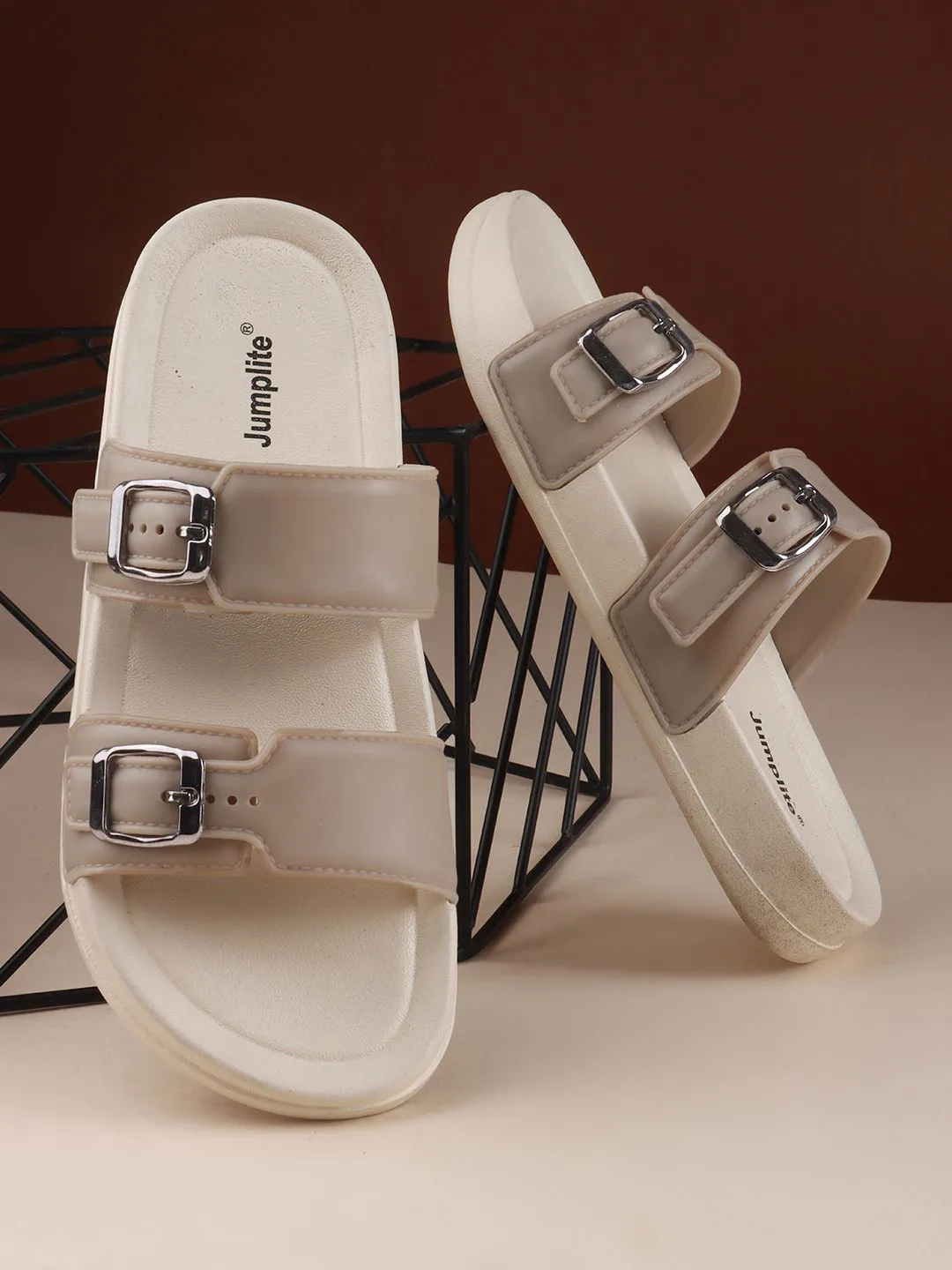 Cream double-band flat slides
