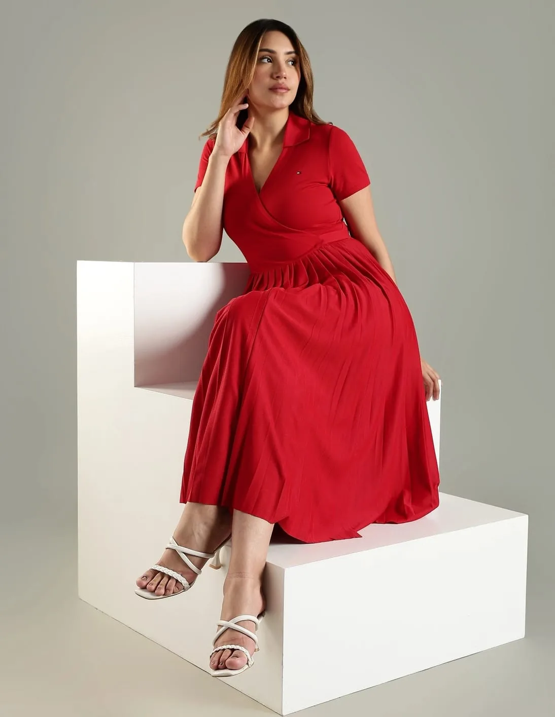 Red wrap neck dress with polo collar