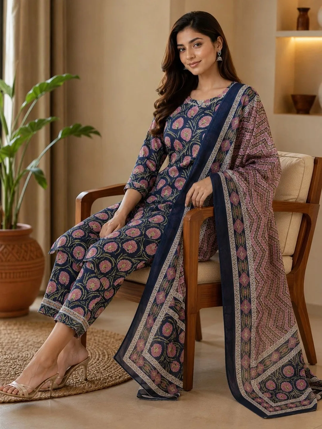 Bunai Our pick under ₹2,000 — navy floral kurta with trousers and rose dupatta