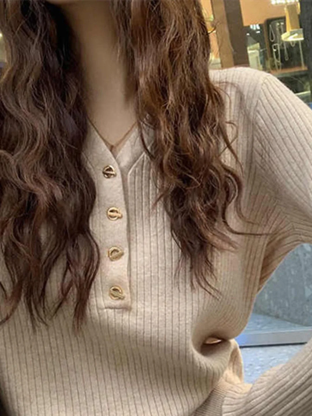HERE&NOW Ecru button-placket knit