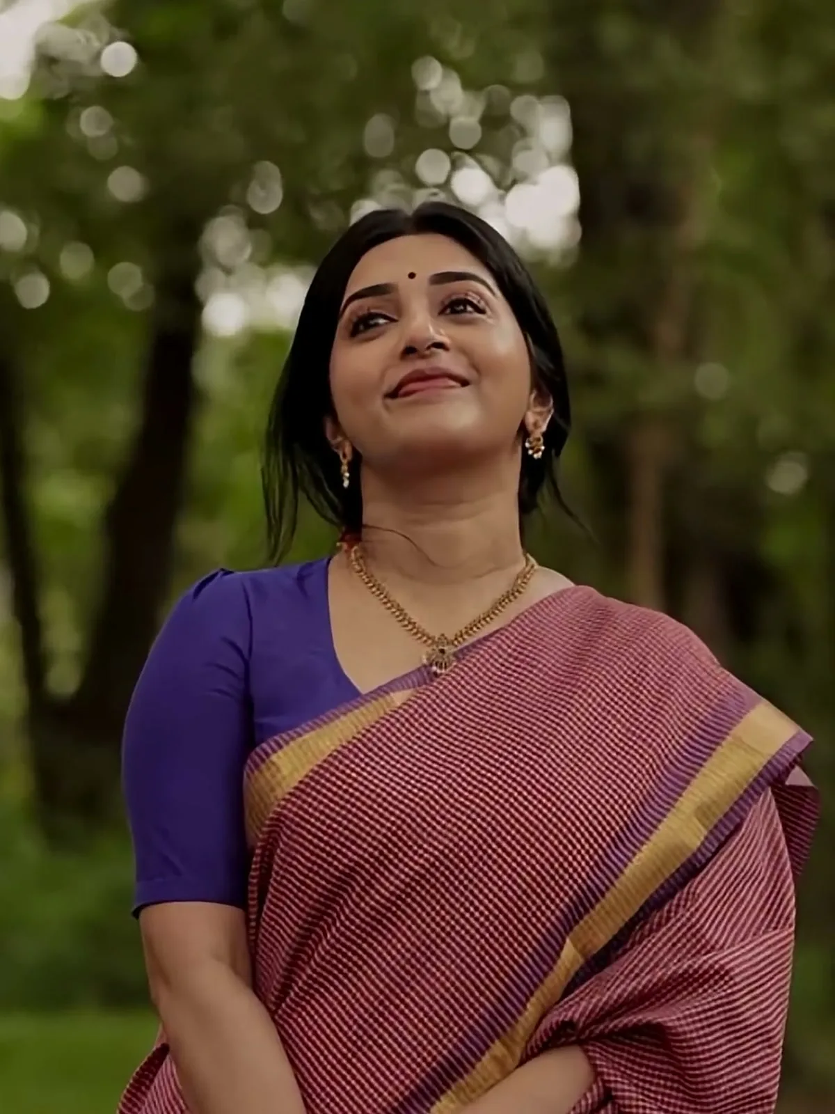 Meera Jasmine — The violet blouse against the rose check, gold zari band at the border